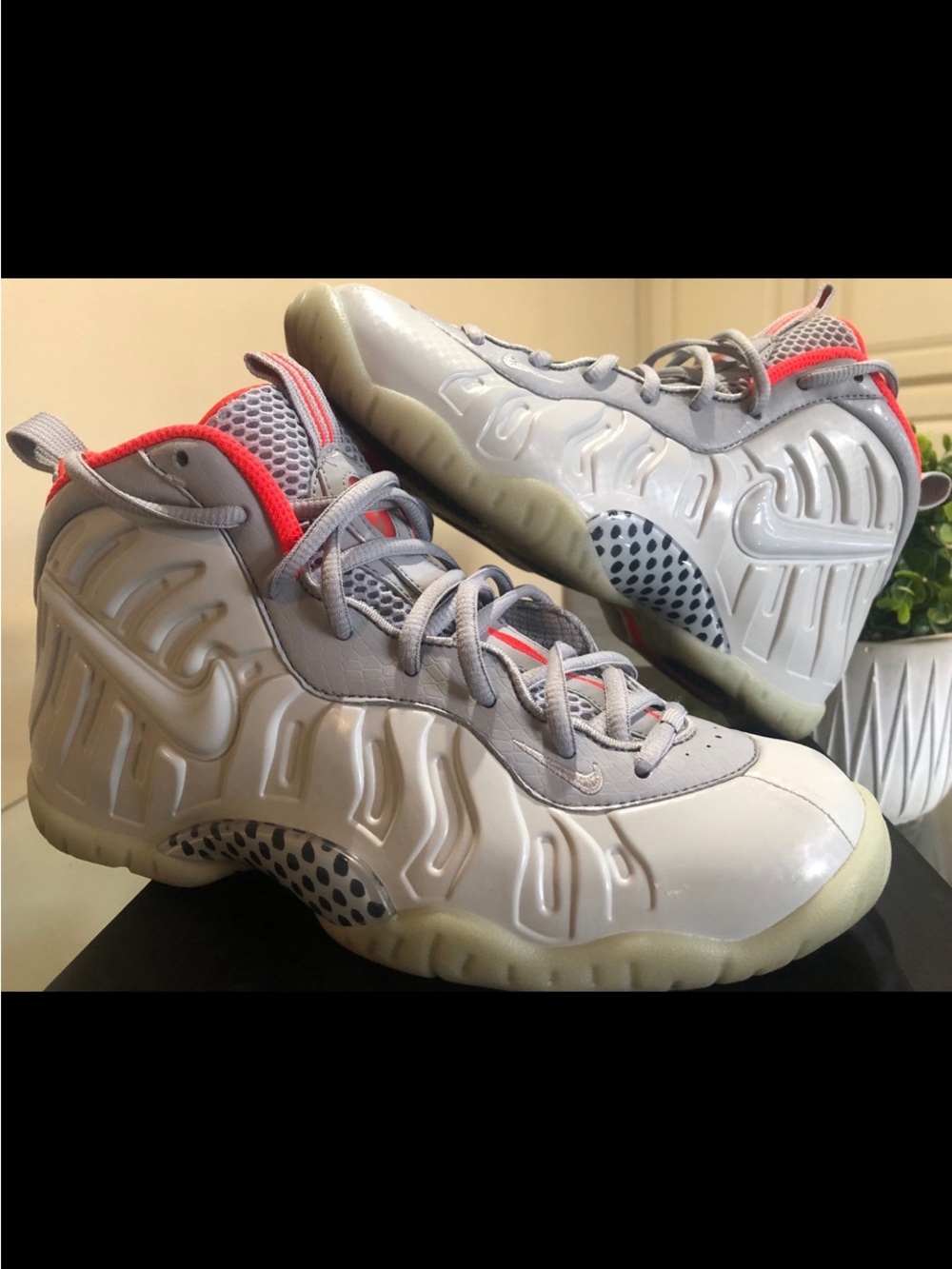 Nike Kids Gray and Coral Foamposite One Mid Sneakers